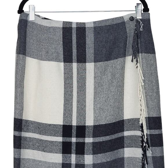 Worthington Gray Cream Plaid Fringe Wool Blend Wrap Maxi Skirt Size 16 Academia - Picture 3 of 10